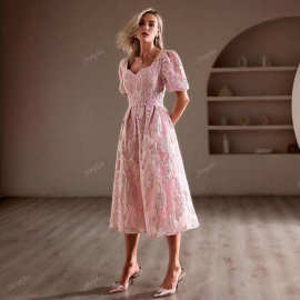 women dress 2025夏季新女装小清新百搭V领刺绣收腰蓬蓬袖连衣裙