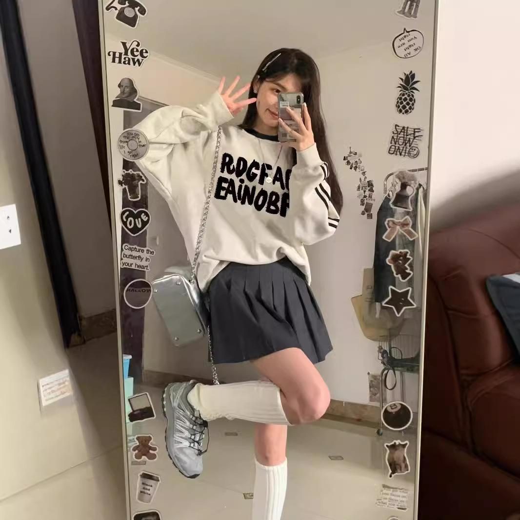 CREWNECK HATLESS THREE BAR SWEATSHIRT 여성의 봄과 가을 새로운 대형 소형 멜란지 그레이 느슨한 풀오버 탑