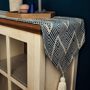 Japanese-Style Three-Dimensional Jacquard Table Runner with Tassels, Coffee Table Runner, Striped Wave Tv Cabinet Cover for Living Room