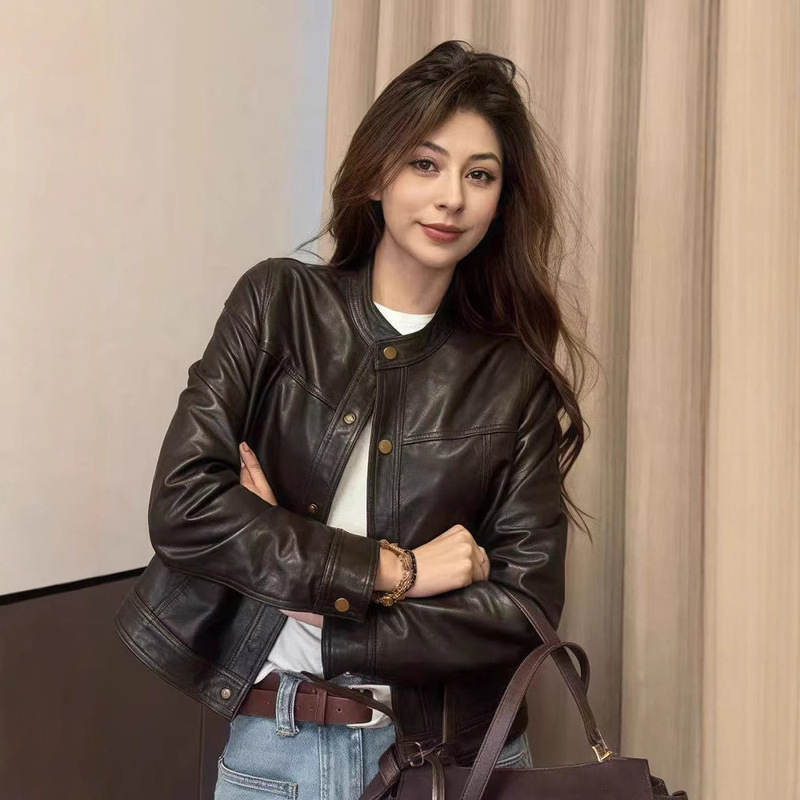 Genuine Leather Jacket for Women 2025 Spring & Fall New Korean Style Goatskin Motorcycle Jacket Slim Slim Leather Jacket Short Style