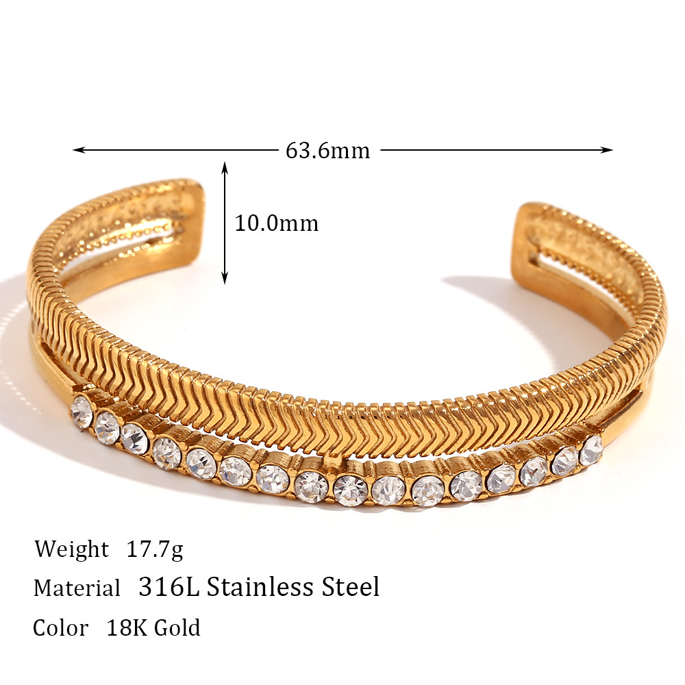 Zircon Inlaid Double Fishbone Open Stainless Steel Bracelet