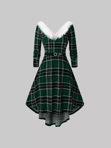 Cross-border supply source independent station new 2025 Western Christmas women's plush interwoven V-neck long-sleeve dress