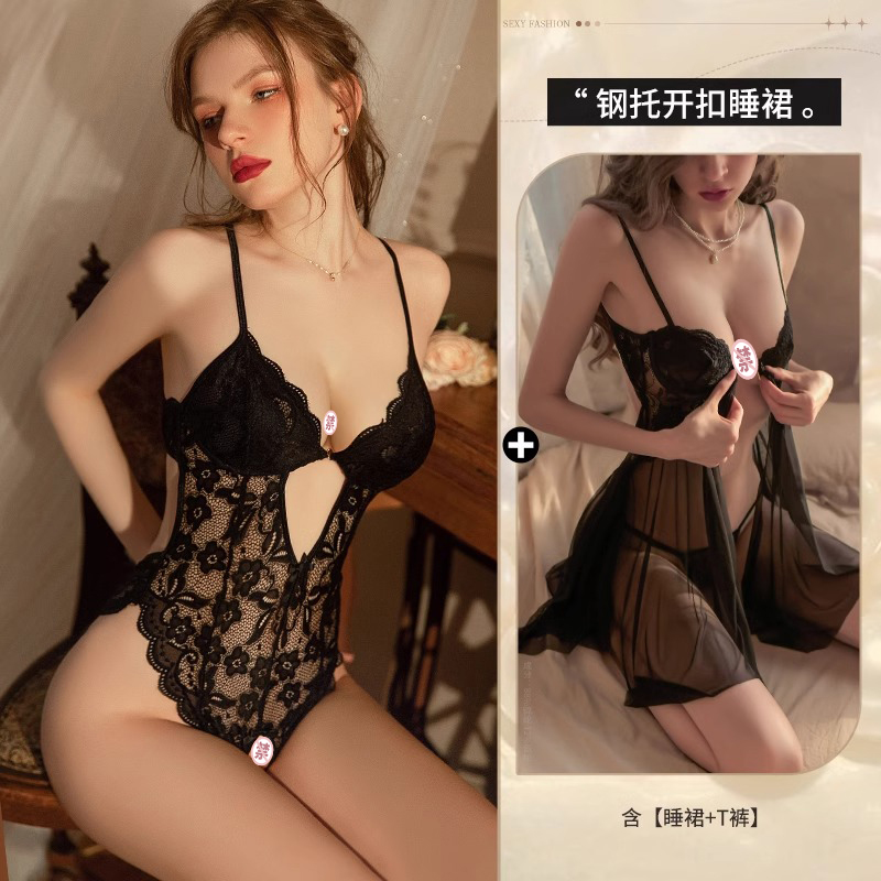 프렌치 레이스 가랑이 점프수트 ◆ 블랙 + 언더와이어 버튼 잠옷