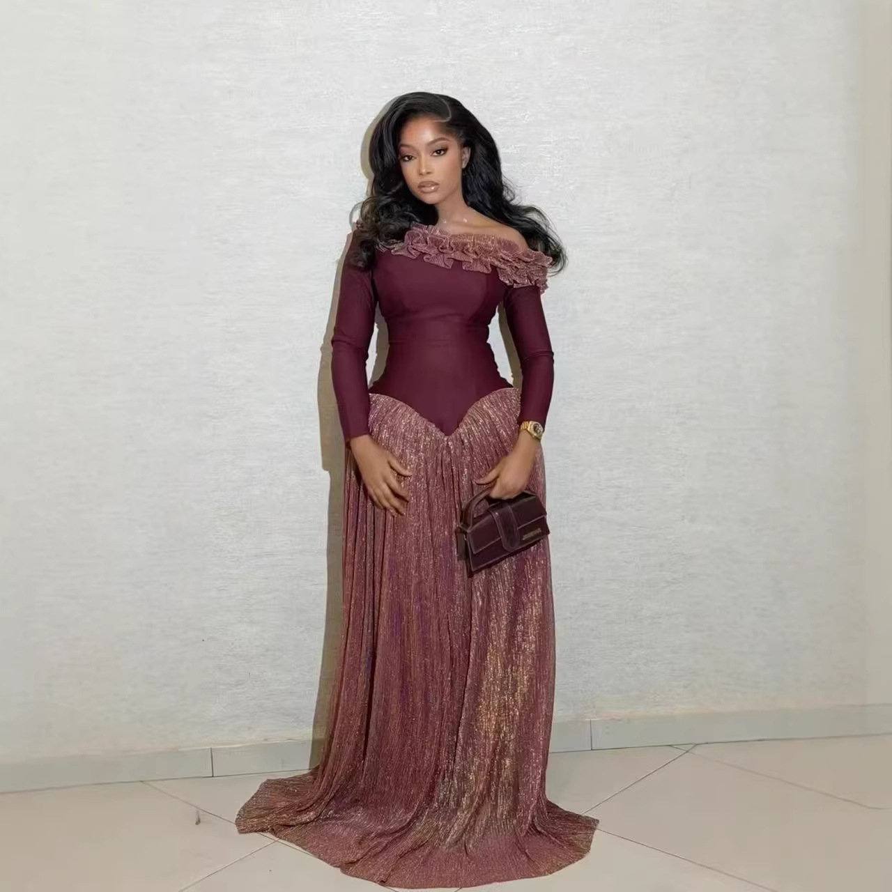 New Spring Retro Luxury Banquet Dress Slimming Long Sleeve Pleated Skirt Women's Fashion Dress_ecoleips.com