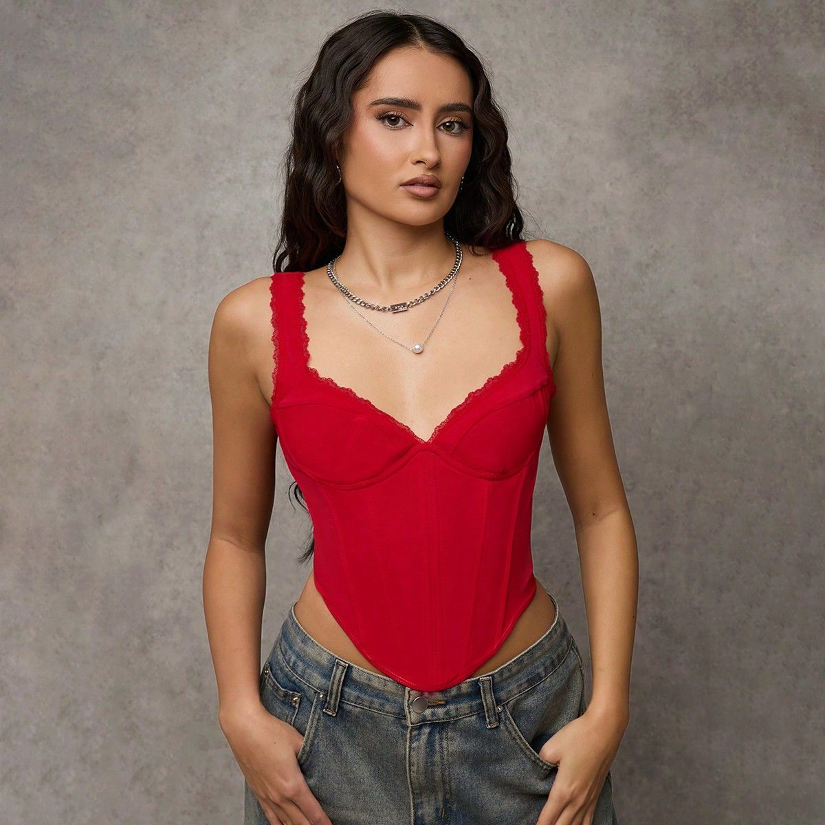 Top Camisola Moldeador Corto con Encaje y Diseño de Espina de Pescado, Estilo Dopamina, de SHEIN