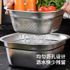 Stainless steel square basin, deep basin, vegetable washing basin, soup basin, fast-food basin, rice strainer, perforated square draining basin, and noodle basin