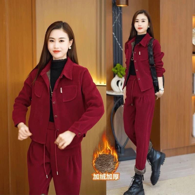 Cross-Border Winter Warm Clothing Set for Women, New Style for Mothers, Age-Reducing Corduroy Jacket with Fleece and Thickened Two-Piece Set