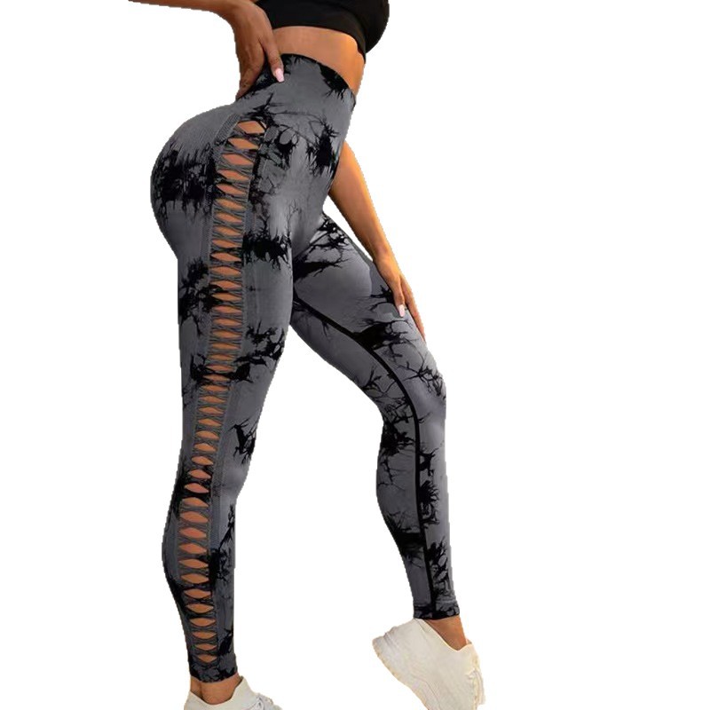 Transfronterizo de cintura alta hueco atado teñido de camisa de mel桃 hips fitness deportivo pantalones ajustados malla sexy ropa de yoga para mujeres