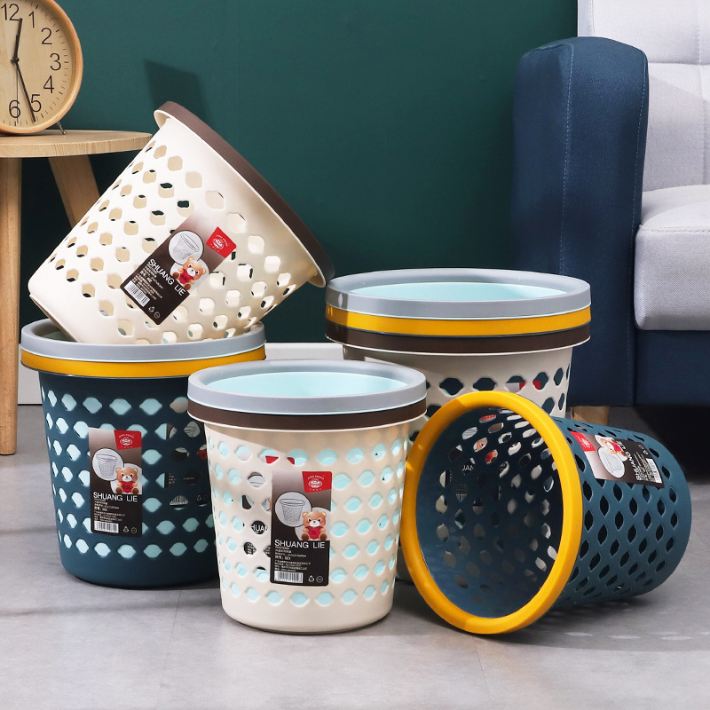 Plastic Household Trash Bin Large Color Hollow Bedroom Kitchen Trash Bin Indoor Uncovered Pressure Ring Sanitary Bucket