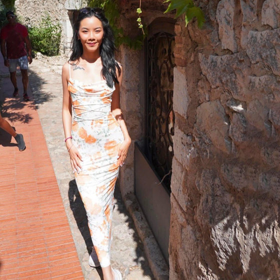 Spring 2025 New French Sweet Low-cut Backless Design Lace-up High Waist Contrast Floral Dress