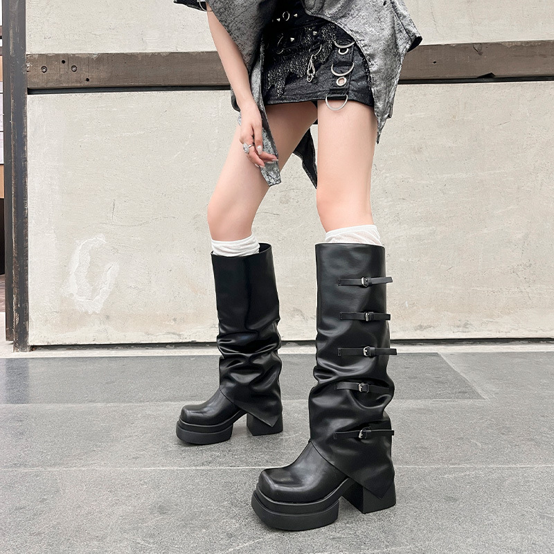 Boot nữ cổ cao gót chunky đế dày phong cách cưỡi ngựa, tăng chiều cao, mùa thu đông — đen, con lạc đà, hồng