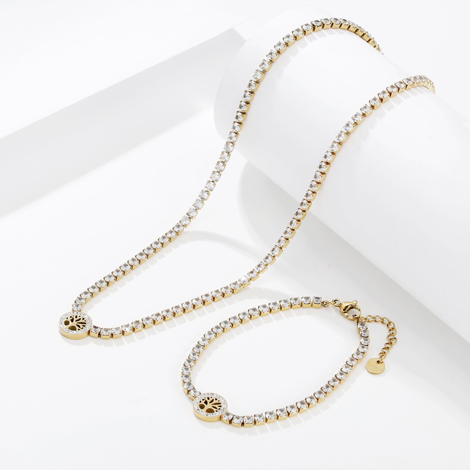 Fashion Tree Stainless Steel Plating Hollow Out Inlay Zircon Bracelets Necklace 1 Piece