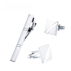 New Silver Square Brushed Metal Tie Clip Set for Men, French Style Cufflink Set Wholesale