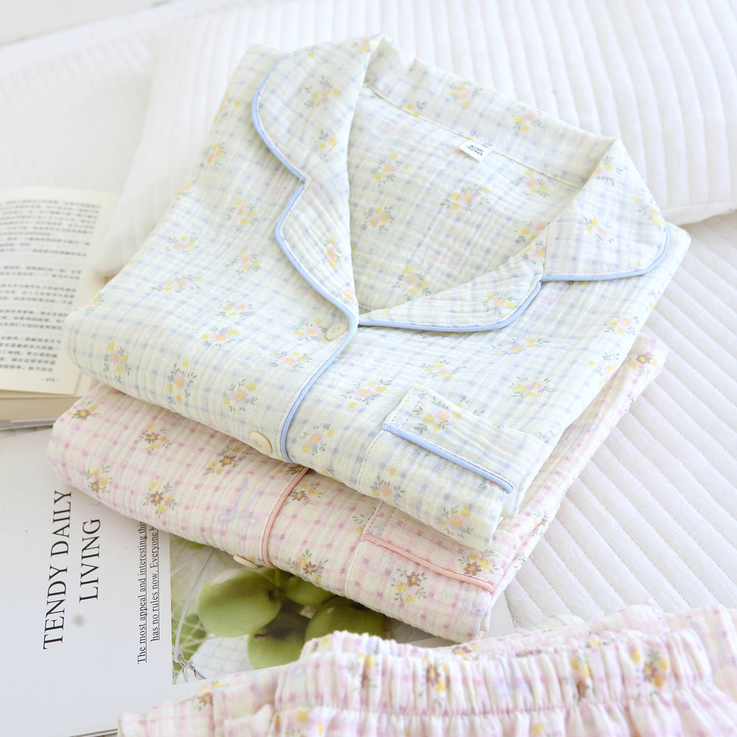 Spring and Summer New Style Women's Pure Cotton Gauze Pajamas, Crepe Cotton Printed Long-Sleeved Trousers Set, Casual Large Size Cardigan, Multi-Color