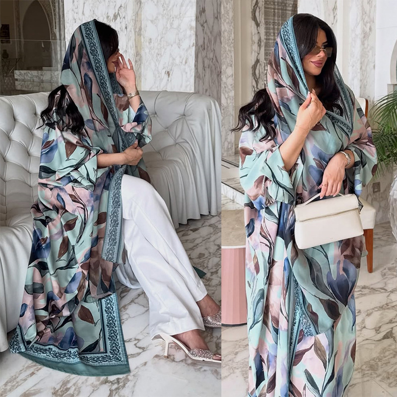 Mq287 Modest Cross-Border Women's Fashion Printed Fabric Plus-Size Long Dress Chiffon Headscarf New Women's Coat