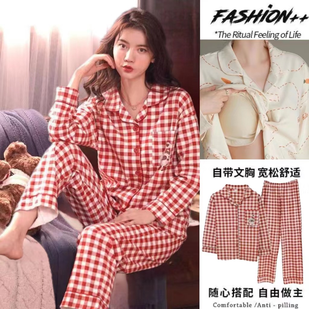 Pijama de algodón 100% de las mujeres con almohadilla en el pecho traje de primavera y otoño pantalones de manga larga primavera y otoño delgado más tamaño homewear