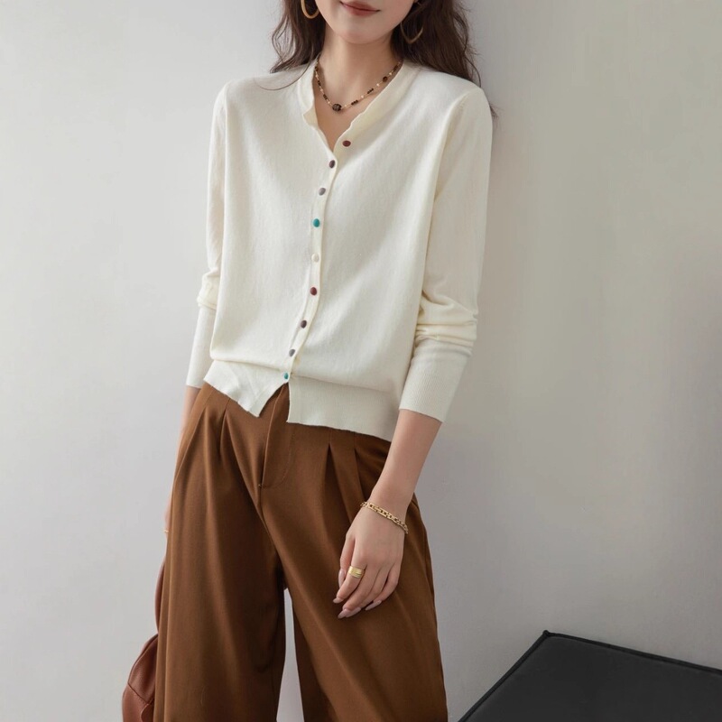 Autumn and Winter Fine-Spun Wool Knitwear Women's Round-Neck Cardigan Long-Sleeved Colorful Button Loose Thin Solid Color Cashmere Jacket Autumn and Winter Fine-Spun Wool Knitwear Women's Round-Neck Cardigan Long-Sleeved Colorful Button Loose Thin Solid Color Cashmere Jacket
