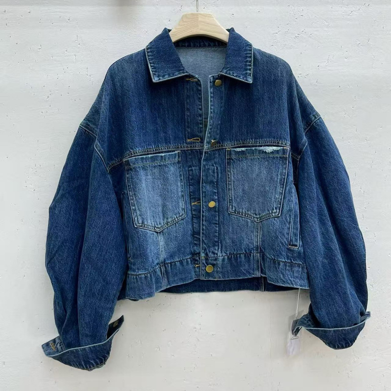 we2026 Autumn Vintage Short Denim Jacket for Women with Drop Shoulders, Puff Sleeves, Distressed Look, Double Pockets, Loose Fit, Plus Size Jacket we2026 Autumn Vintage Short Denim Jacket for Women with Drop Shoulders, Puff Sleeves, Distressed Look, Double Pockets, Loose Fit, Plus Size Jacket