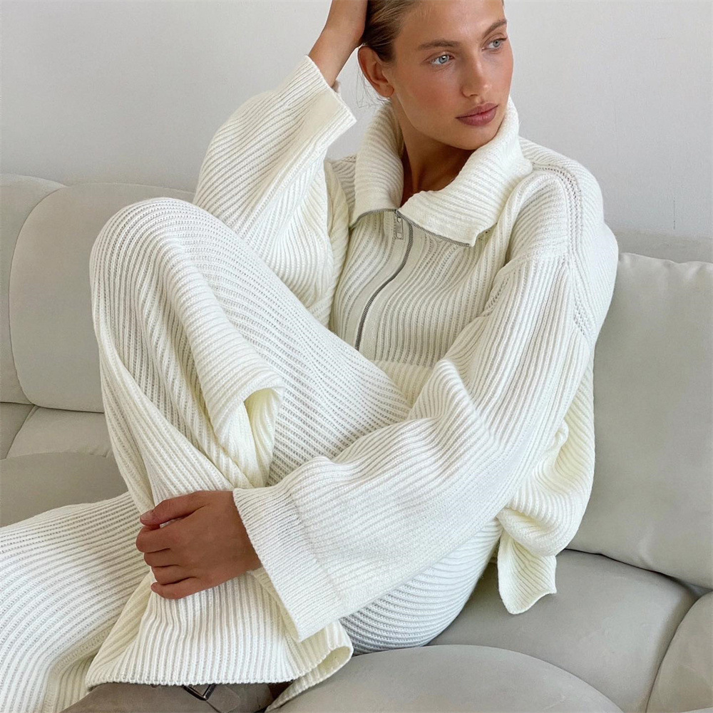 Set maglione da donna con mezza zip tinta unita, set in due pezzi lavorato a maglia pigra_voghion.com