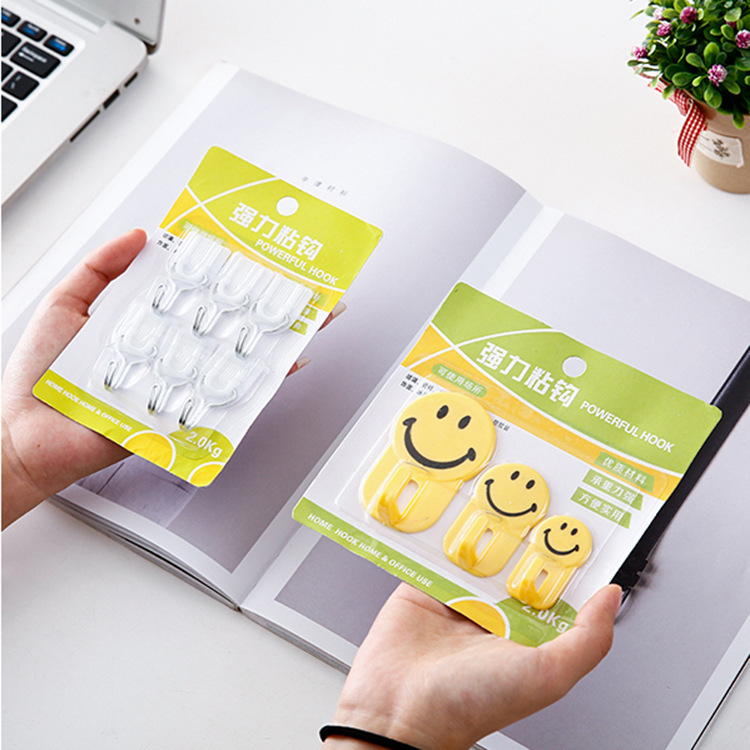 3-Pack of Wall Hooks for a Family of Three, Punch-Free Smiley Face Sticky Hooks, 6-Pack of Plastic White Hooks