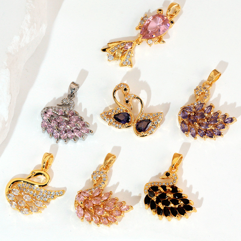 欧美新款饰品黑色粉色系天鹅吊坠时尚彩锆锁骨链项链单钻耳环挂件