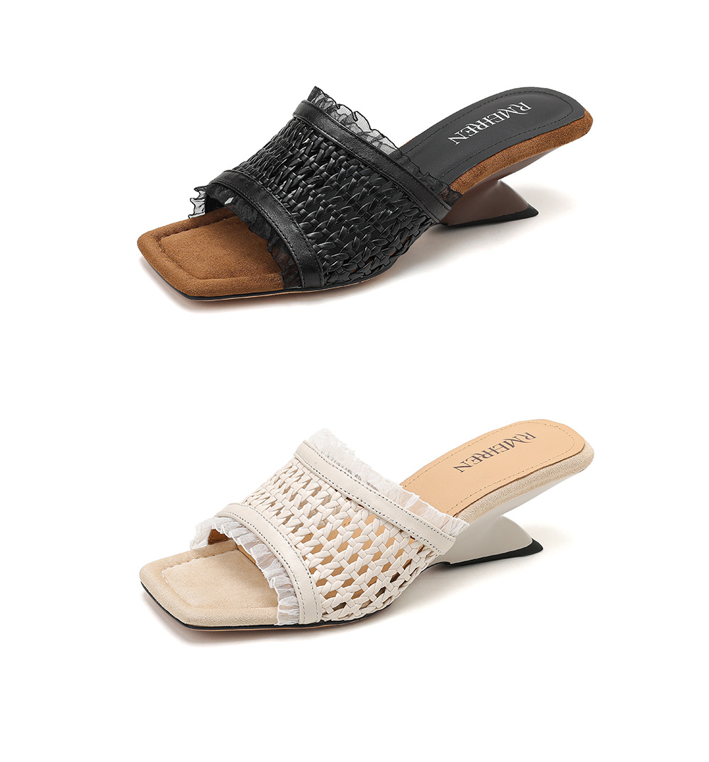 Sandal cao gót nữ quai ngang đan móc hở mũi mũi vuông gót cao — màu đen, màu trắng ngà chi tiết 22