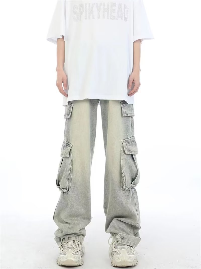 Jeans cargo multitasche stile retrò americano da uomo, pantaloni lunghi lavati vintage, stile streetwear pesante_voghion.com