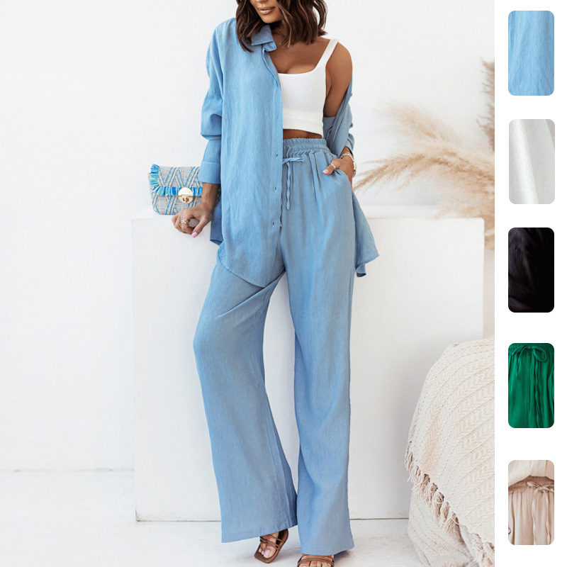 2026 Spring New Women's Clothing European and American Cross-Border Fashion Set Solid Color High-Waisted Long Pants Two-Piece Set for Women