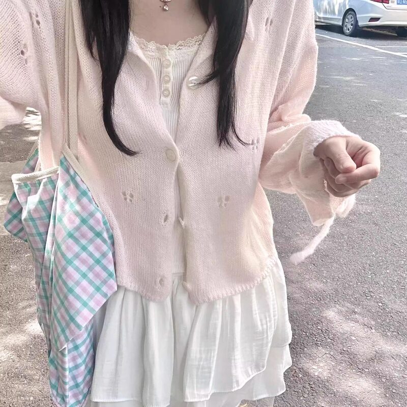 Korean-style sweet and soft hollow-out knitted cardigan for women, new spring-summer gentle pink outerwear jacket