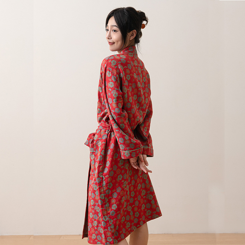 Algodón de doble capa de hilo pijamas ropa para el hogar bata de baño gasa suave agradable a la piel pareja Camisón de algodón Ropa para el hogar de las mujeres