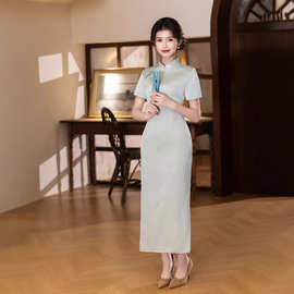 2026夏新中式浅绿色刺绣旗袍连衣裙女气质温婉淑女日常改良旗袍裙