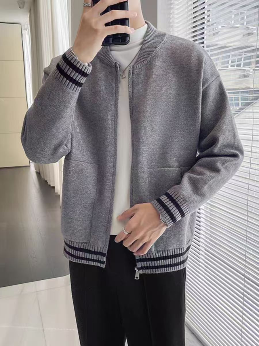 Cardigan da uomo a righe con zip per autunno inverno_voghion.com