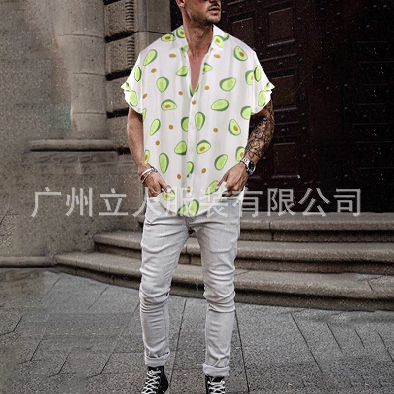 Cross-Border Amazon Hawaiian Flower Shirt Men's Trendy Loose Beach Vacation Short-Sleeved Avocado Print Shirt