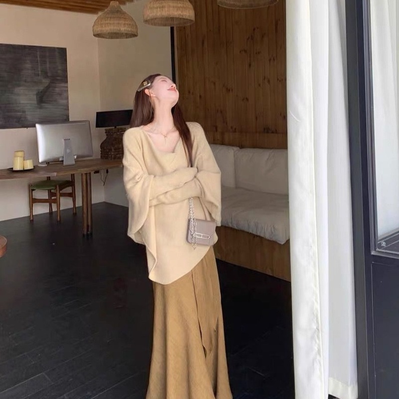 气质套装小众不规则慵懒风宽松针织毛衣女秋冬鱼尾裙半身裙两件套|undefined