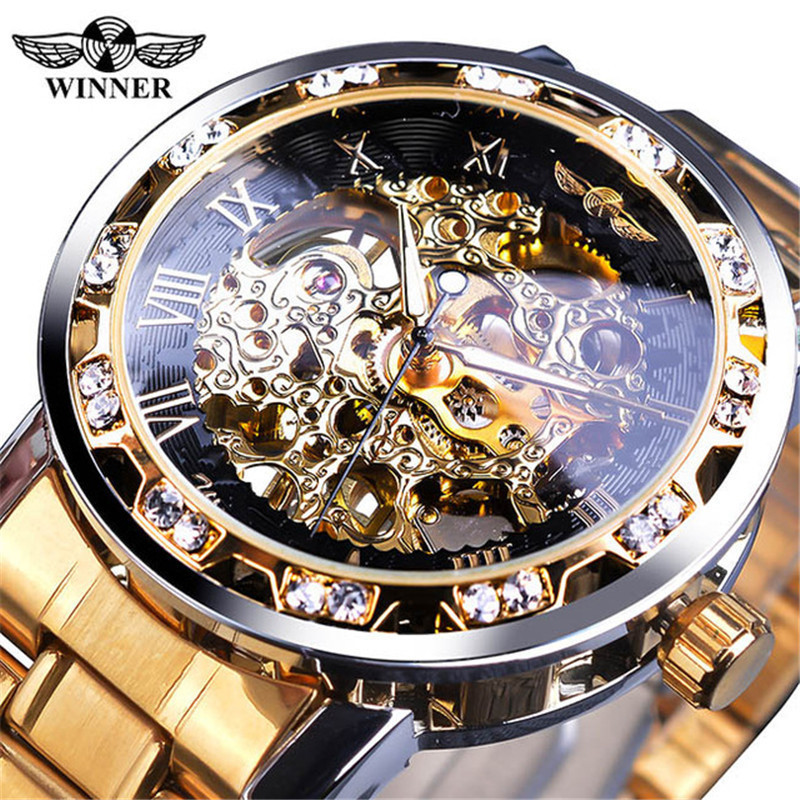 GANADOR 614 hombres correa de acero reloj mecánico hueco transparente inferior rhinestone moda manual reloj mecánico