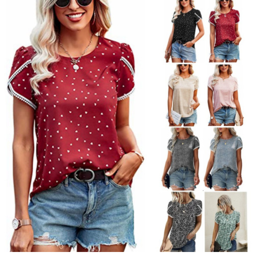 2022 Women's Casual Top Floral Print Lace Crochet Short Sleeve Round Neck Summer Loose Shirt Belted Top
