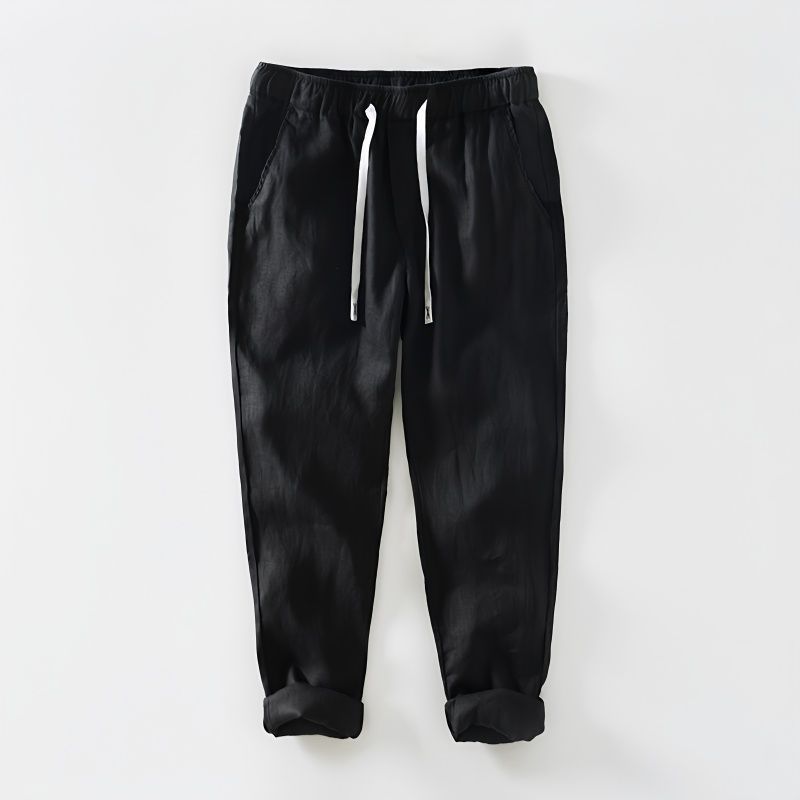 Verano nuevo estilo ropa de hombre pantalones casuales de lino puro cintura elástica cordón color sólido fino material de cáñamo transpirable pantalones delgados hombres