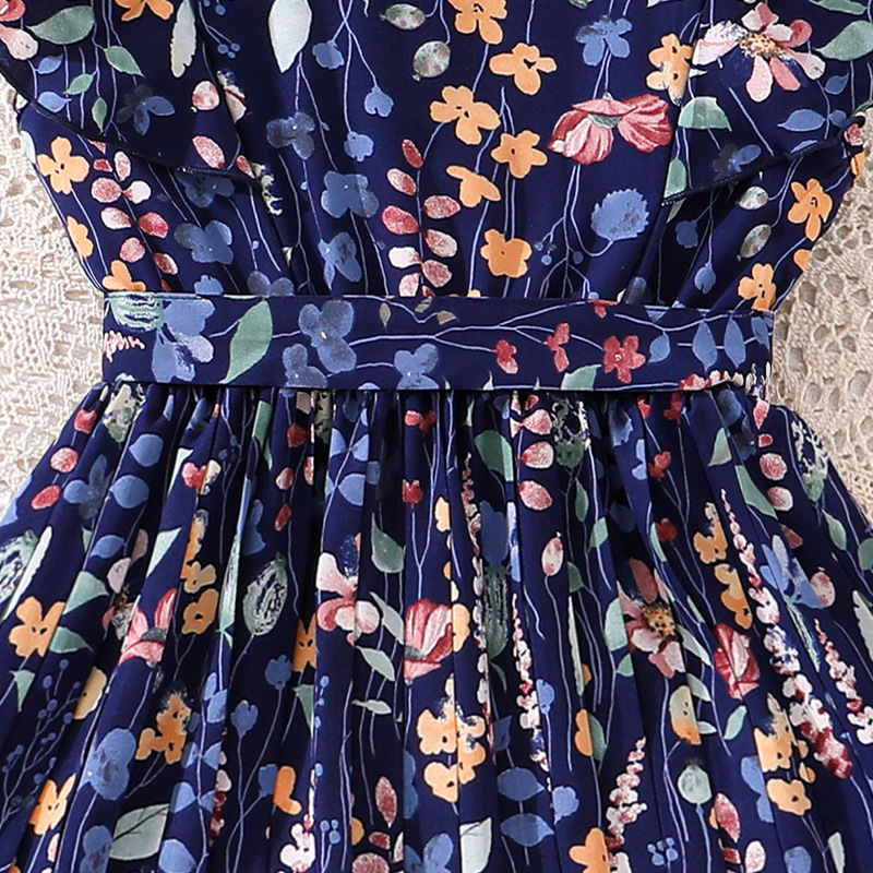 Robe d'été pour fille à fleurs françaises, manches courtes, style princesse, coupe ajustée, plissée, motif végétal_voghion.com
