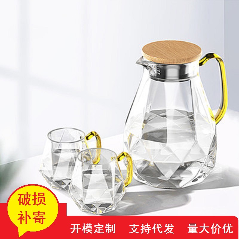 Fábrica al por mayor diamante botella de agua fría gran capacidad vidrio borosilicato resistente al calor botella de agua fría hogar taza de agua hervida conjunto