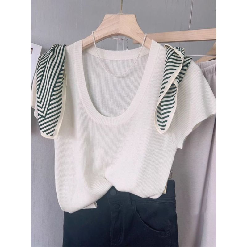 夏の氷糸の肩のtシャツの女性の薄いタイプのニットの小さいシャツの半袖のファッションは年齢を減らします。|undefined
