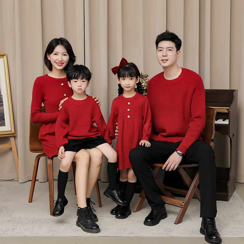 毛衣批发一家三口四口全家福亲子装全家装母子父子母女亲子装红色