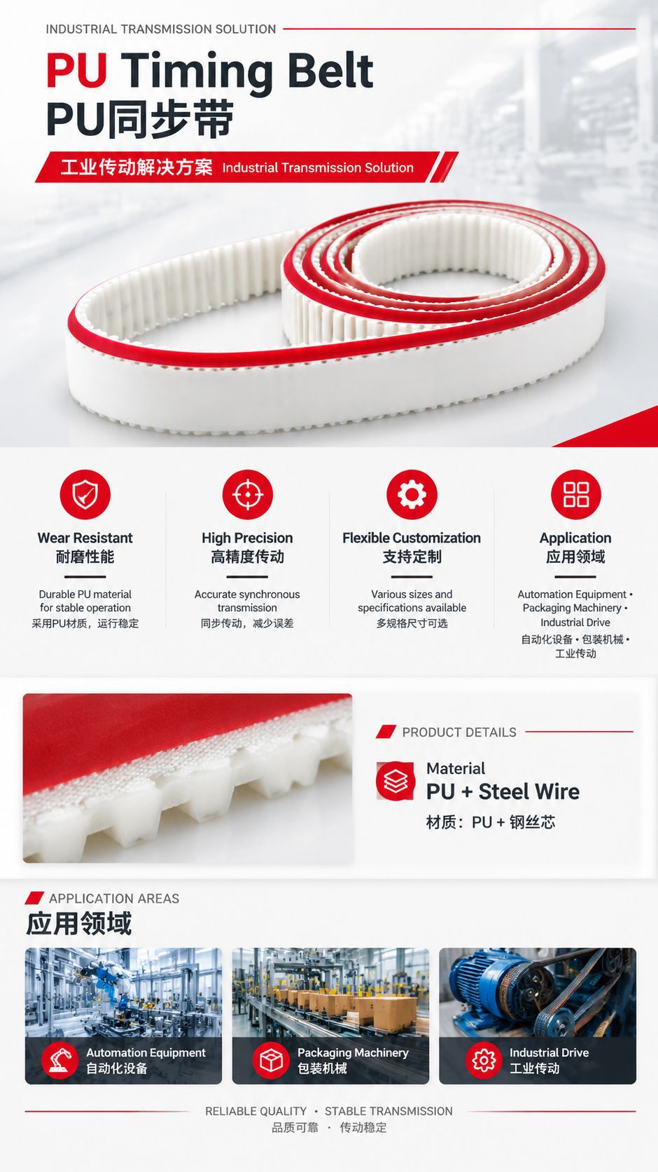 Manufacturer sales: Polyurethane steel wire reinforced synchronous belt with red adhesive, low-noise polyurethane PU steel wire synchronous belt