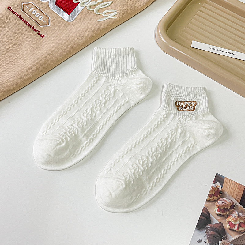 Calcetines mujer color sólido algodón primavera y verano calcetines de barco finos tubo corto café bordado animal pequeño patrón calcetines de mujer