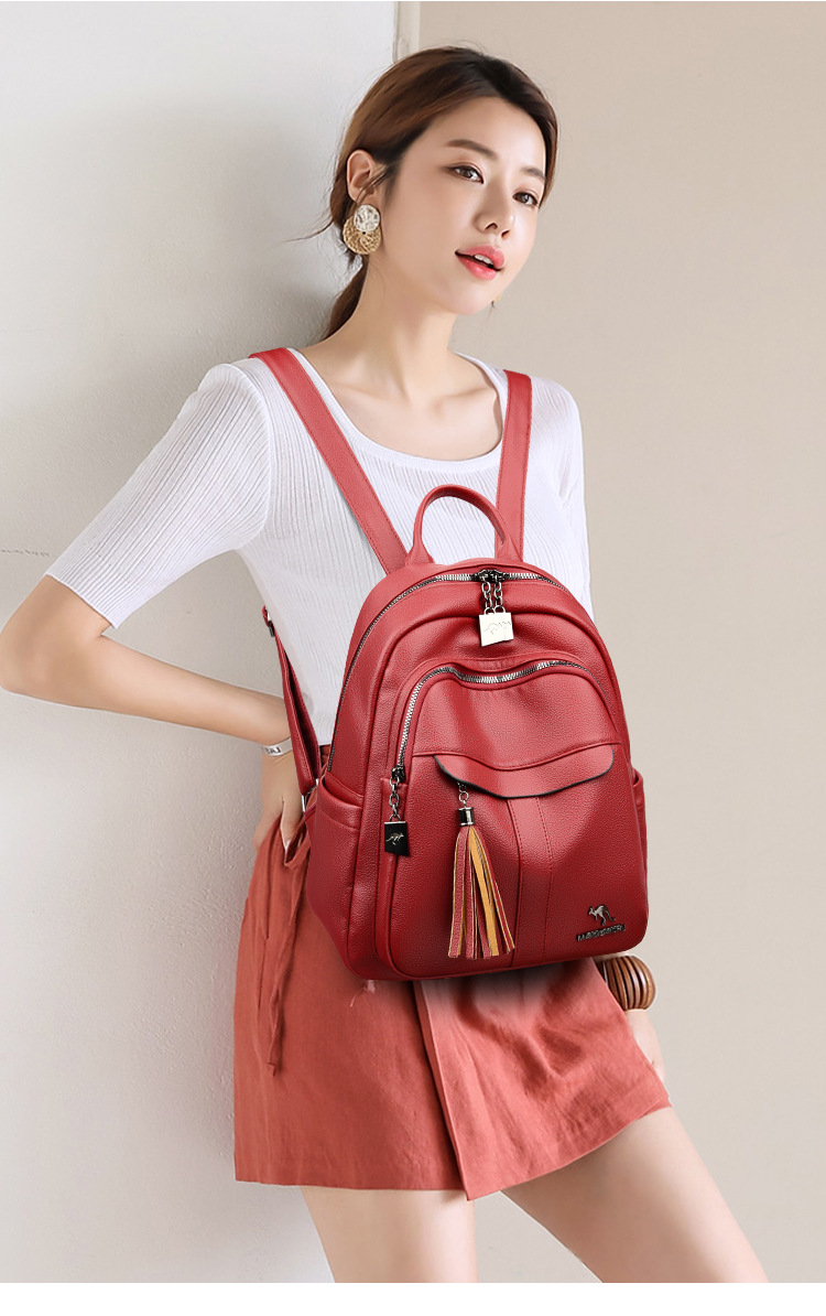 2024 New Street Trend Fashion PU Soft Leather Women's Large Capacity Backpack Travel Bag Tassel Design_voghion.com