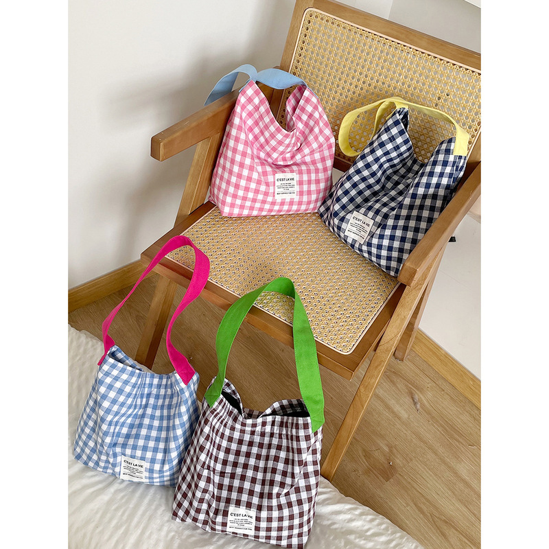 [In stock! Copyright!]!] Large Capacity contrast color plaid canvas bag casual simple shoulder bag shopping bag