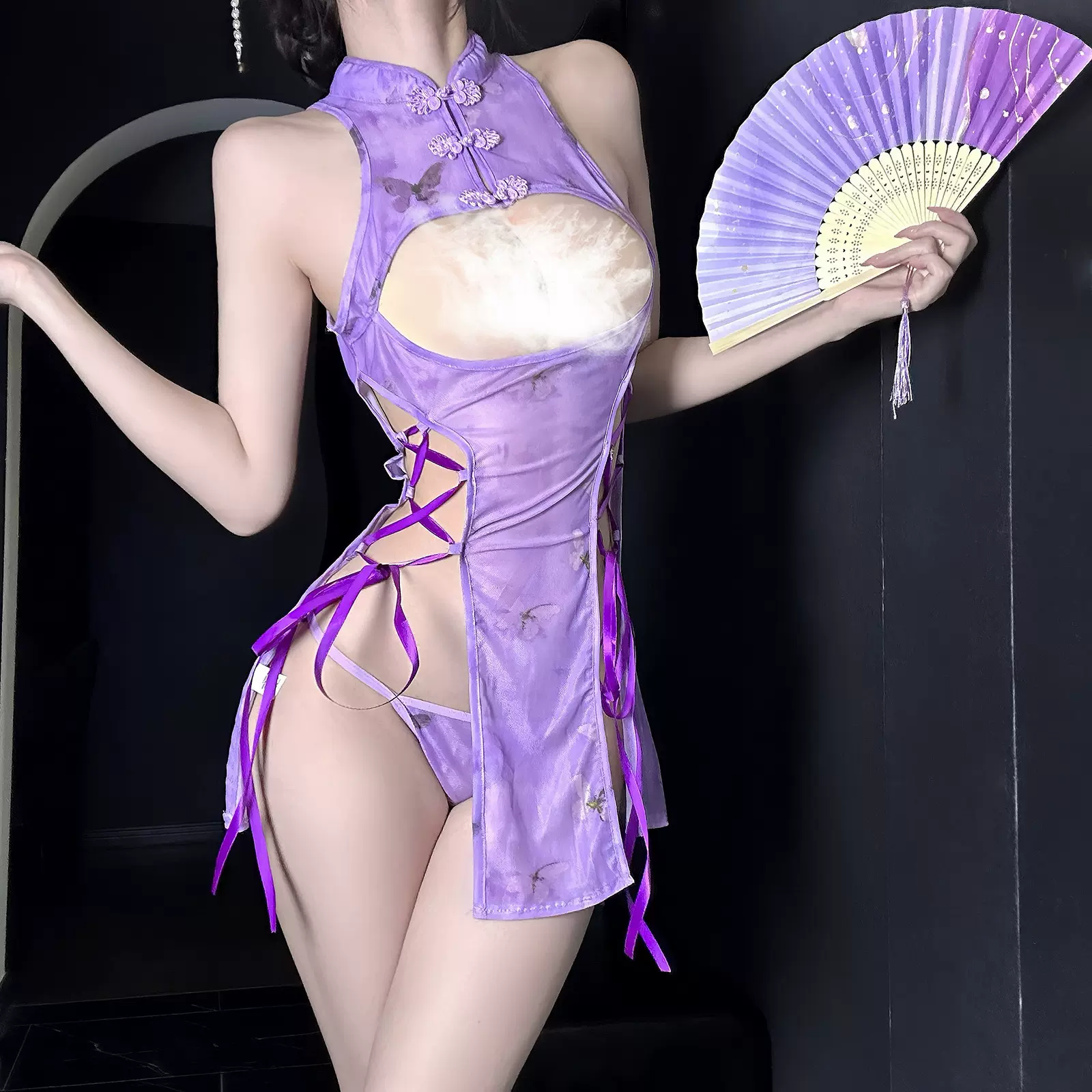 2025新款情趣内衣纯欲古风紫色蝴蝶性感露胸中式旗袍制服诱惑睡衣