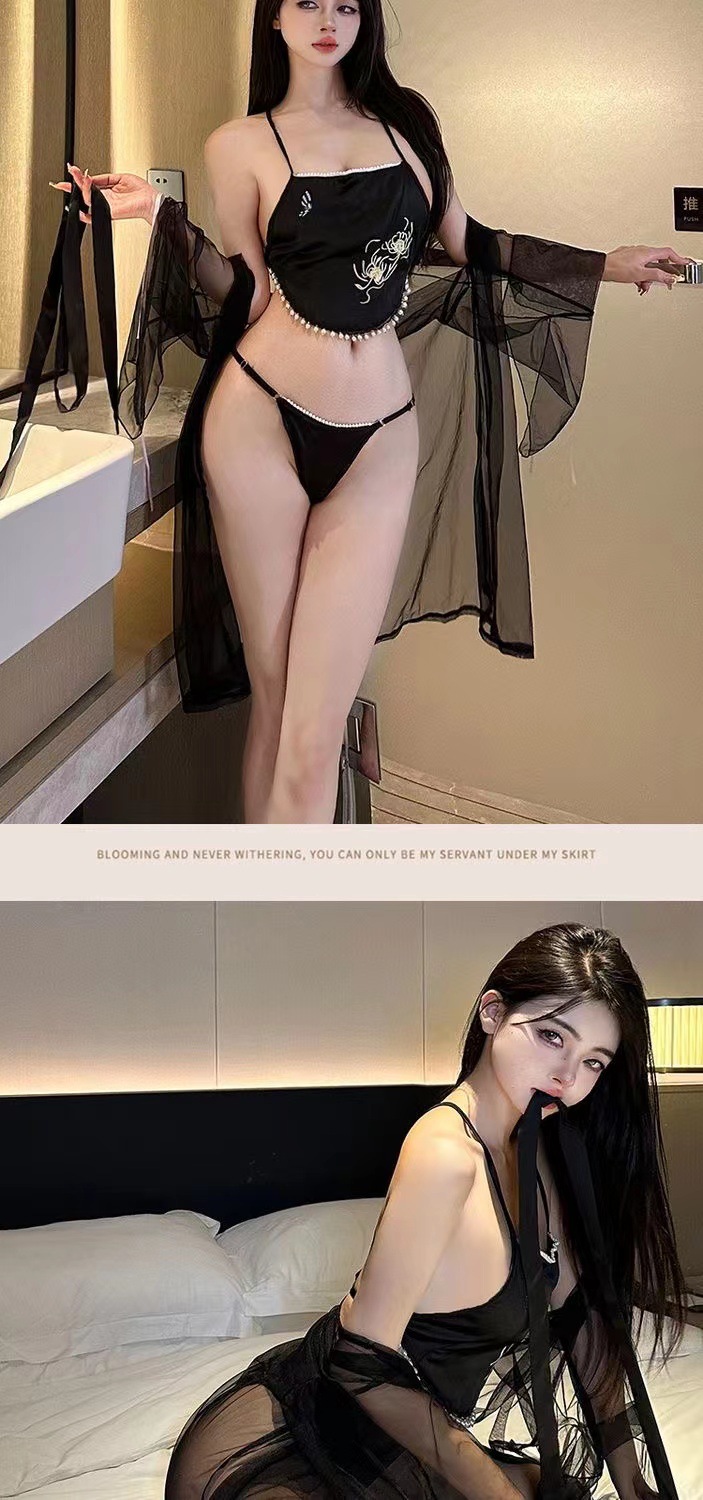Retro Hanfu-Style Bellyband Dress, Chiffon Apricot Bridal Pajama Set — detail image 9