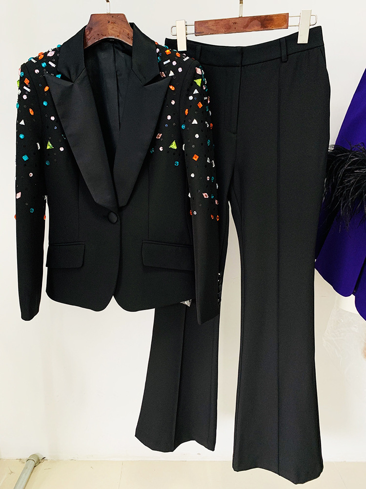 GraceChic In Stock 2025 European American Fashion New Heavy Beaded Colorful Rhinestone Slim Fit Blazer And Flared Pants Two-Piece_voghion.com