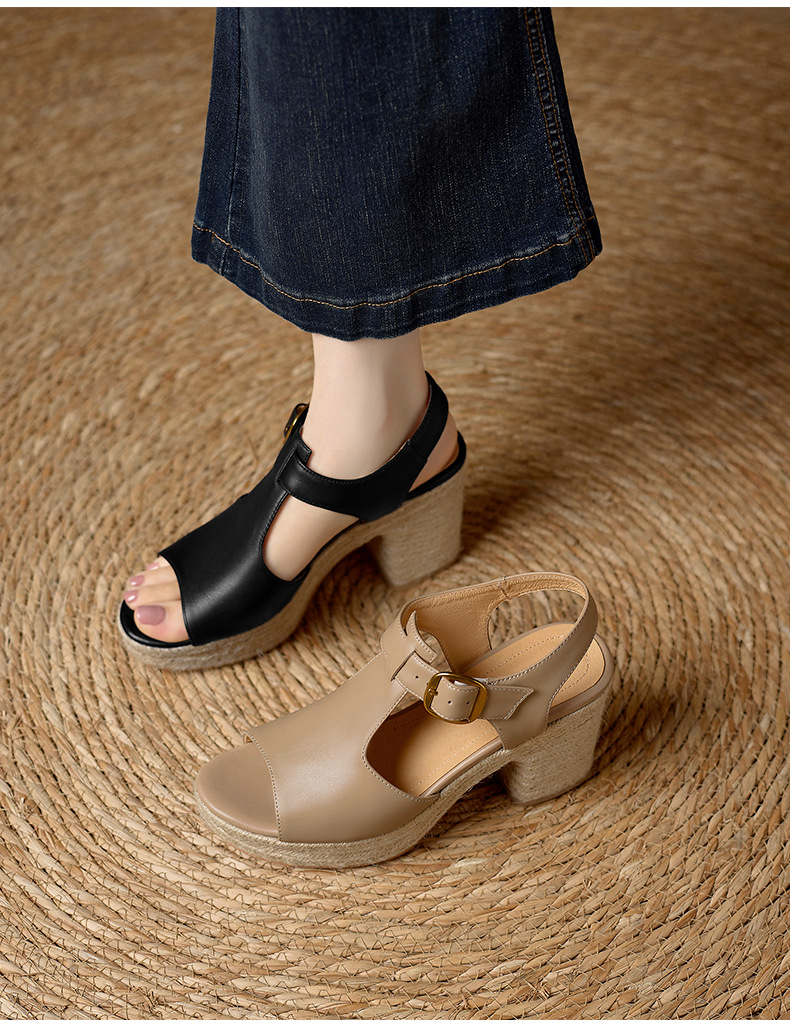 Sandal cao gót nữ hở mũi đế dày 8.5 cm quai chữ T phối đế cói vintage — đen chi tiết 1