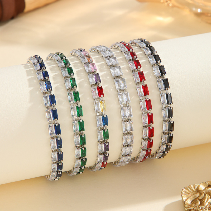 European and American cross-border fashion light luxury copper cubic zirconia square colorful bracelet with a high-end and exquisite rainbow design European and American cross-border fashion light luxury copper cubic zirconia square colorful bracelet with a high-end and exquisite rainbow design